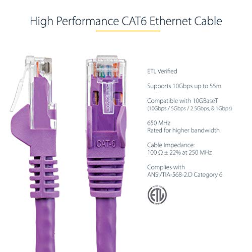 StarTech.com 10ft CAT6 Ethernet Cable - Purple CAT 6 Gigabit Ethernet Wire -650MHz 100W PoE++ RJ45 UTP Category 6 Network/Patch Cord Snagless w/Strain Relief Fluke Tested UL/TIA Certified (N6PATCH10PL) - Image 3