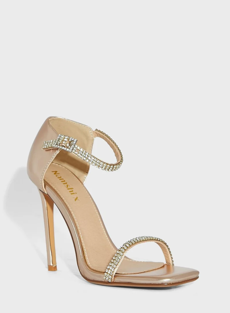 Namshi x Sabrina Diamante Ankle Strap Square Toe Sandal