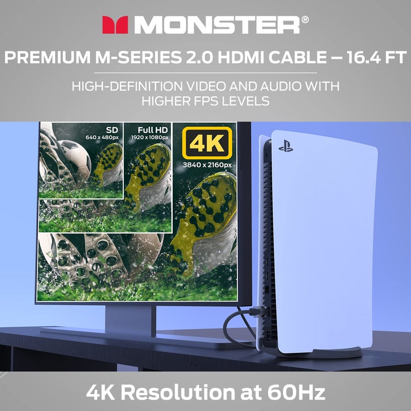 Monster M-Series Certified Premium HDMI Cable 2.0, Features 4K Ultra HD at 60Hz Refresh Rate, Duraflex Jacket, and Triple Layer Shielding, 22.5 Gbps - 16.4 ft - Image 2