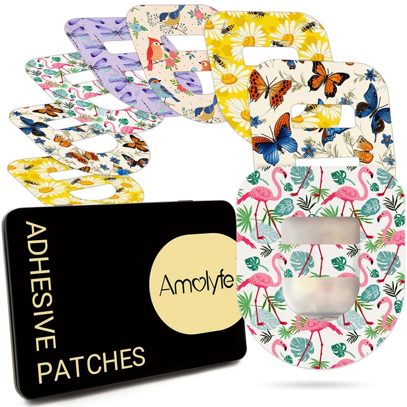 Amolyfe Omnipod 5 & Dash Adhesive Patches Waterproof, Amolyfe 20 Pack Omnipod Overpatches with Stretchable Strap, Breathable, Long-Lasting Medical Adhesive, Premium Hinged Tin (Flamingo & Butterfly) - Image 1