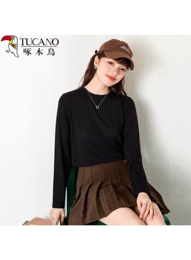 WOODPECKER Wood Women's Long Sleeve T-shirt Loose Cotton Basic Shirt Spring And Autumn Round Neck Top Black S - Image 2