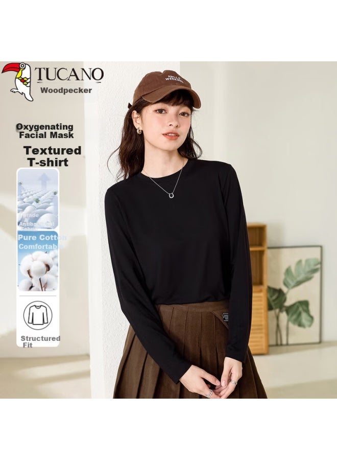 WOODPECKER Wood Women's Long Sleeve T-shirt Loose Cotton Basic Shirt Spring And Autumn Round Neck Top Black S - Image 1