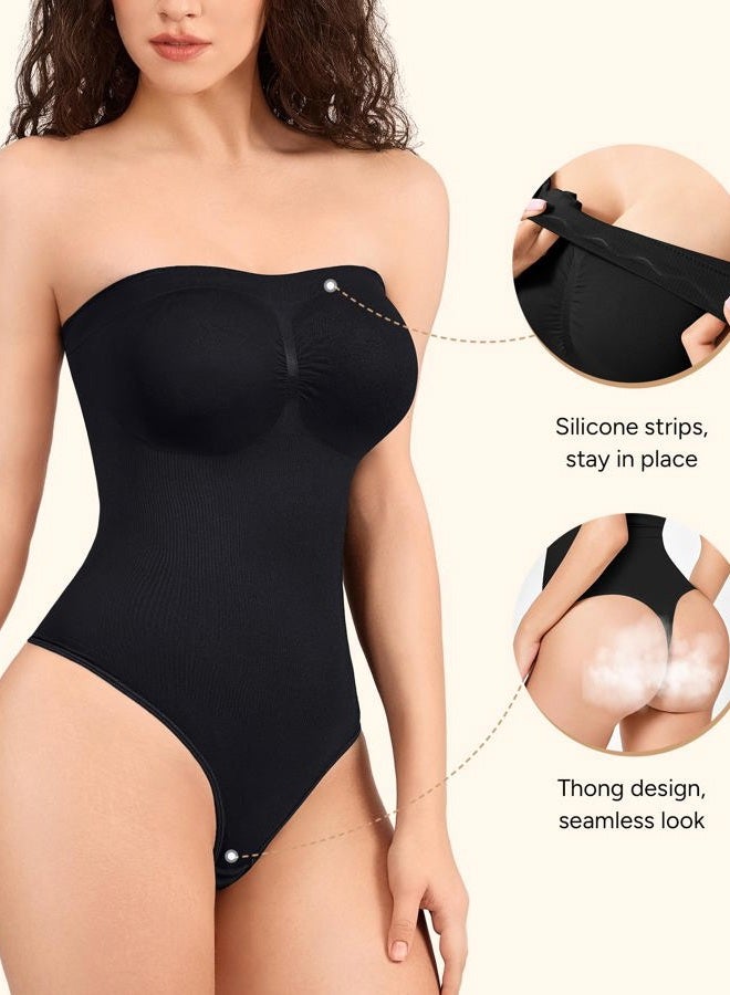 Irisnaya Strapless Shapewear Bodysuit for Women - Thong Bodysuit Tummy Control Tube Top Body Suits with Removable Strap, Black, L - Image 3