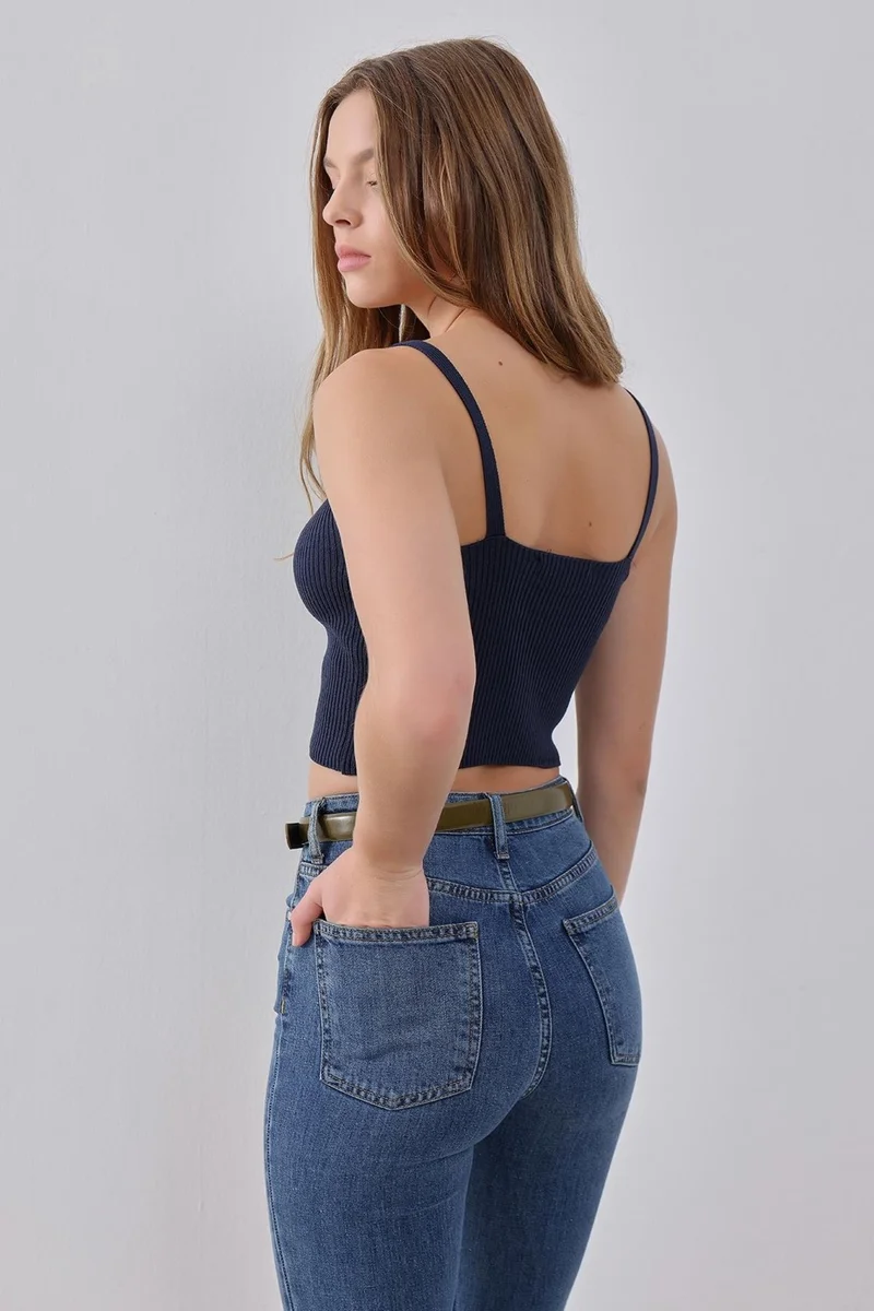 Pieces Of Melon Navy Blue Strappy V Neck Knitted Undershirt