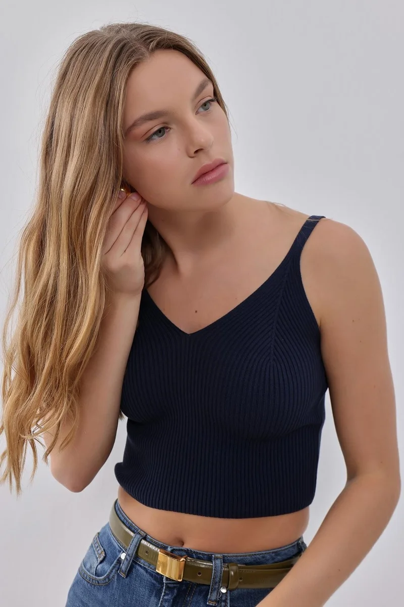 Pieces Of Melon Navy Blue Strappy V Neck Knitted Undershirt