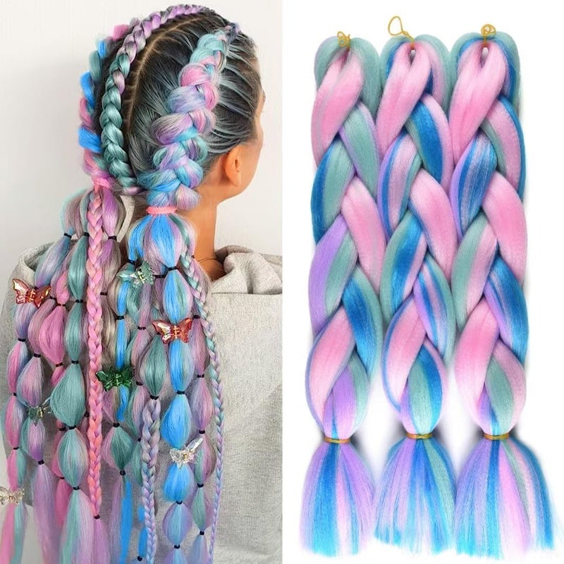FEEL ME Jumbo Braiding Hair For Women Mix Four Colored Hair Extensions For Braiding Hair Extensions 24inch Rainbow Colors Synthetic Fiber For Box Braiding HairLight PurpleLight GreenBluePink3Pcs