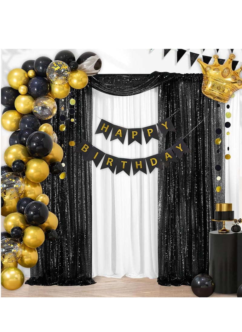 Bukela - Black Sequin Backdrop Curtain Black Backdrop 2 Panels 2ftx8ft Curtain Drapes Shiny Background for  Parties Shimmer Wall Backdrop Cloth - Image 1