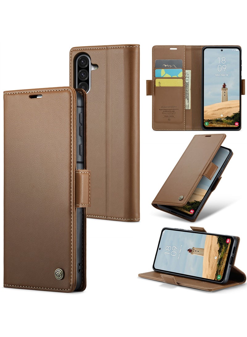 CaseMe Phone Case Luxury PU Leather Design Anti Fingerprint 023 Flip Cover Card Slot Holder Cover For Samsung Galaxy A36 (Brown) - Image 1