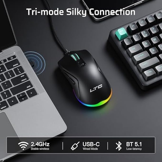 LTC GM025 TRI-MODE WIRELESS GAMING MOUSE,12000 DPI PAW3311 SENSOR, ERGONOMIC MOUSE 2.4GHZ/BT/WIRED, 6 PROGRAMMABLE BUTTONS, CUSTOMIZABLE RGB LIGHTING, PRO SOFTWARE - Image 3
