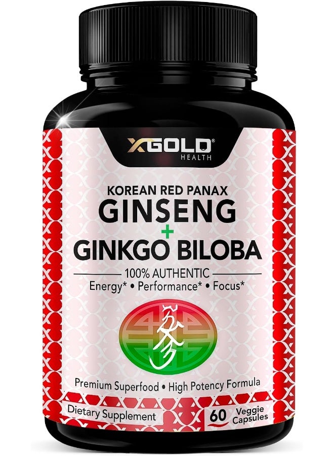 X Gold Health Korean Red Panax Ginseng 1200mg + Ginkgo Biloba - Extra Strength Root Extract Powder Supplement w/High Ginsenosides Vegan Capsules for Energy, Performance & Focus - Supplement for Men & Women - Image 1