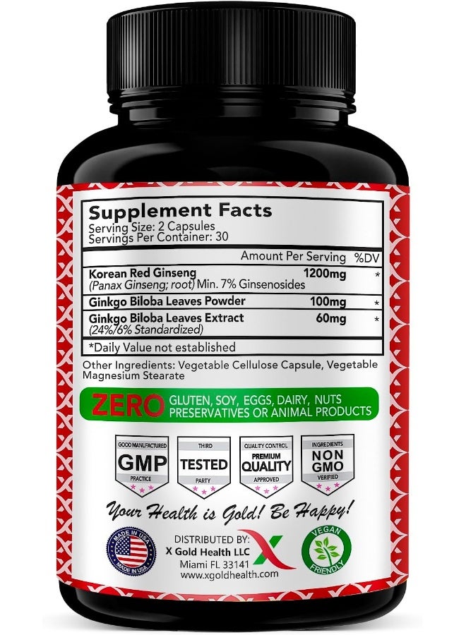 X Gold Health Korean Red Panax Ginseng 1200mg + Ginkgo Biloba - Extra Strength Root Extract Powder Supplement w/High Ginsenosides Vegan Capsules for Energy, Performance & Focus - Supplement for Men & Women - Image 2