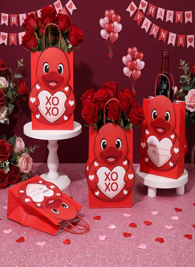 ForraFun 12 Pcs Valentine's Day Rubber Duck Gift Bags Bulk Funny Valentines Gifts for Kids Classroom Exchange Valentines Day Floral Bags with Handles for Valentine's School Class Party Favor Supplies - Image 3