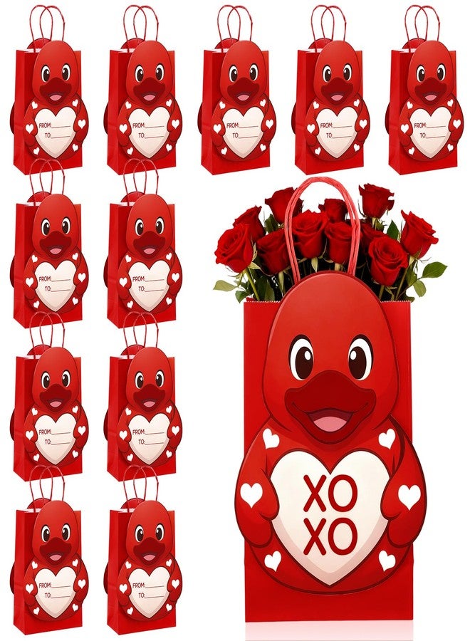 ForraFun 12 Pcs Valentine's Day Rubber Duck Gift Bags Bulk Funny Valentines Gifts for Kids Classroom Exchange Valentines Day Floral Bags with Handles for Valentine's School Class Party Favor Supplies - Image 1