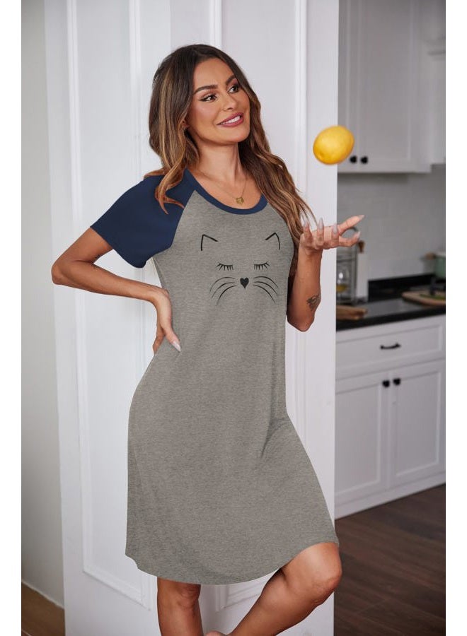 Habudda Womens Nightgown Short Sleeve Night Dress Printed Sleepwear Soft Sleep Shirt Navy Blue S  - Image 4