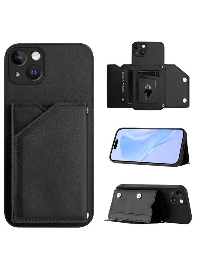 Case For iPhone 14 Plus Skin Feel Four Card Slots Phone Case with Wrist Strap