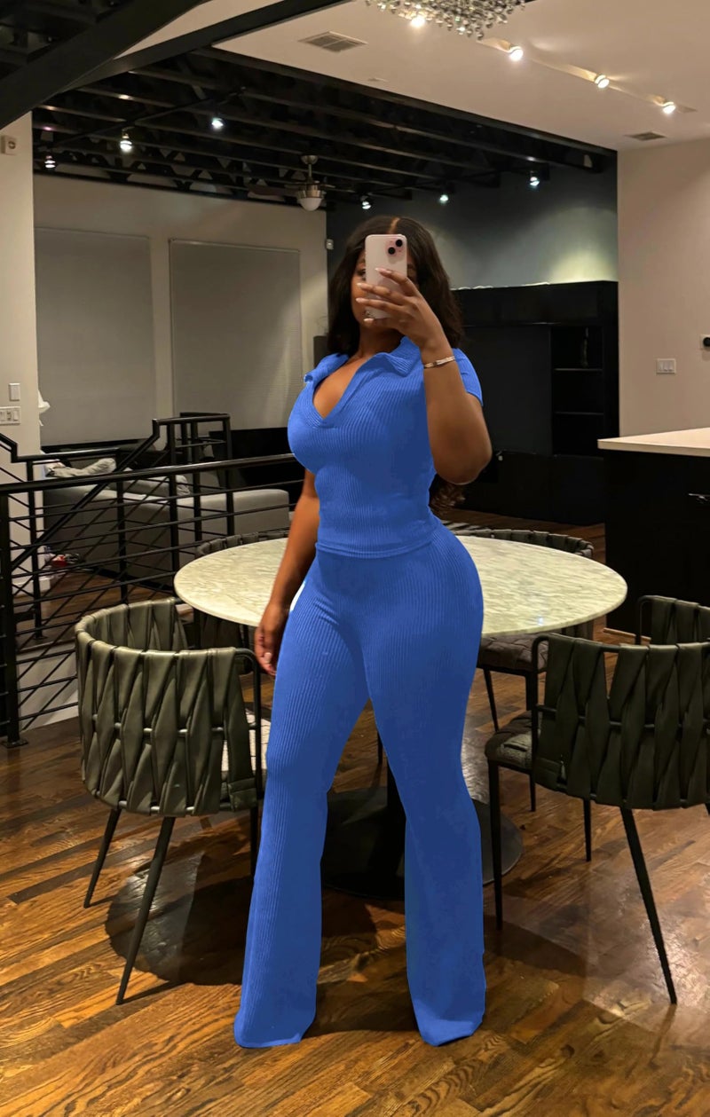 HBQ Women Two Piece Outfit Ribbed Short Sleeve V Neck Polo Top and Flare Pants Casual Lounge Sets Tracksuit-Blue-S - Image 2