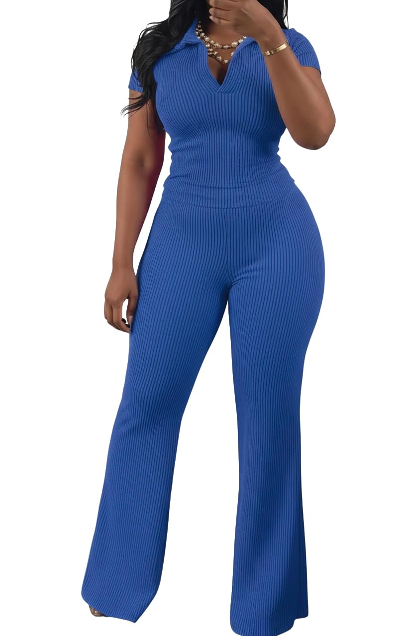 HBQ Women Two Piece Outfit Ribbed Short Sleeve V Neck Polo Top and Flare Pants Casual Lounge Sets Tracksuit-Blue-S - Image 1