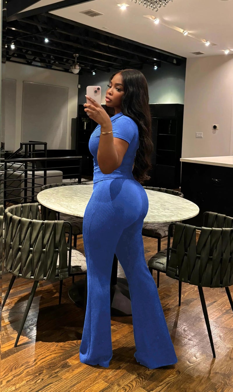 HBQ Women Two Piece Outfit Ribbed Short Sleeve V Neck Polo Top and Flare Pants Casual Lounge Sets Tracksuit-Blue-S - Image 3