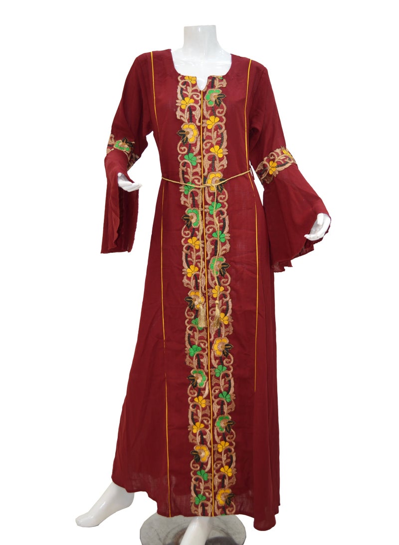 زينة فستان ماكسي قطني مطرز بخصر محدد - جلابية أنيقة بأكمام جرس مع حزام - قصة مستقيمة محتشمة - Image 1