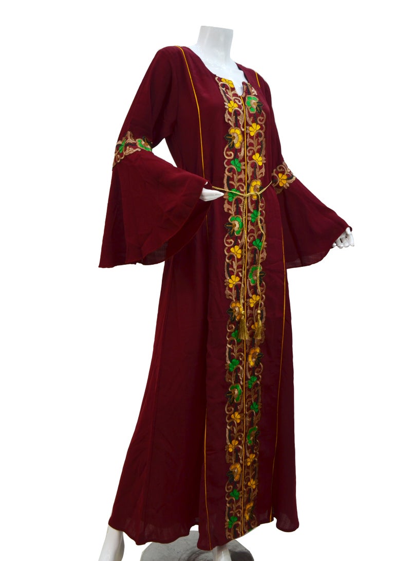 زينة فستان ماكسي قطني مطرز بخصر محدد - جلابية أنيقة بأكمام جرس مع حزام - قصة مستقيمة محتشمة - Image 4