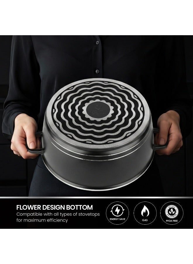 فوجاتي طقم أواني طهي من VOGATI مكون من 8 قطع من التيتانيوم الأسود والجرانيت مع أغطية - أواني طهي بأحجام 24 سم، 28 سم، 32 سم، وقدر طهي ضحل بحجم 28 سم، أواني غير لاصقة ذات سعة كبيرة وخالية تمامًا من حمض البيرفلوروكتانويك (PFOA)، طقم أواني طهي للمطبخ - Image 3