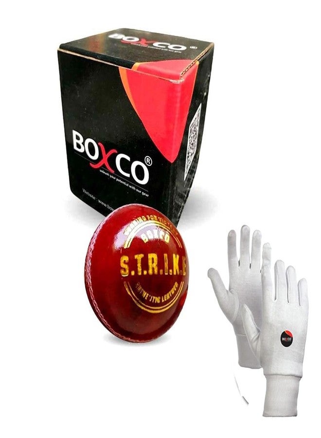 BOXCO Strike Red Cricket Ball with Cotton Gloves Premium Hand Stitched Leather 4-Part Durable Construction Perfect for T20 One Day and Test Matches Professional Match Quality Test - Image 1