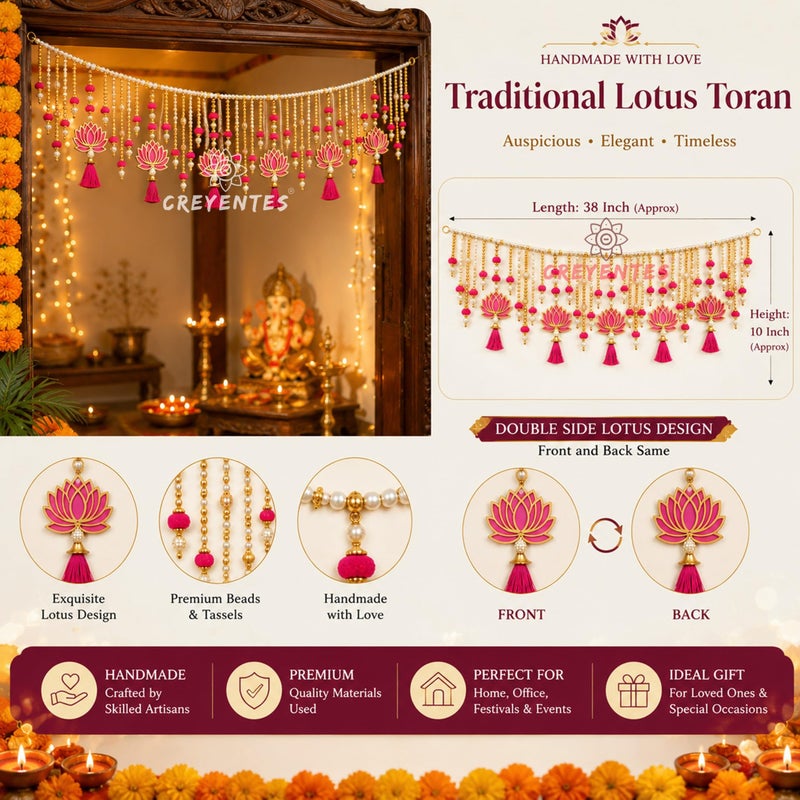 CREYENTES Toran For Door, Pink Lotus Style Toran, Bandanwar, Wall Hanging For Main Entrance, Door, Pooja Room, Wedding Decoration Stylish & Handmade (Lotus_Bandarwal, 36 Cm) - Image 4