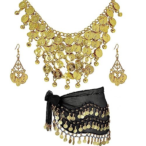 HJYZY 3 pcs Belly Dance Hip Scarf for Women Belly Dance Gold Sequins Head Chain Coins Necklace Earrings Classic Dance Accessories - Image 1