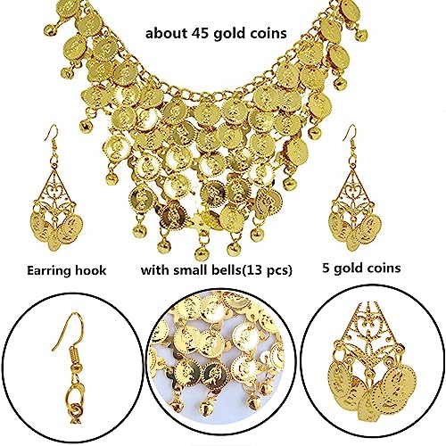 HJYZY 3 pcs Belly Dance Hip Scarf for Women Belly Dance Gold Sequins Head Chain Coins Necklace Earrings Classic Dance Accessories - Image 5