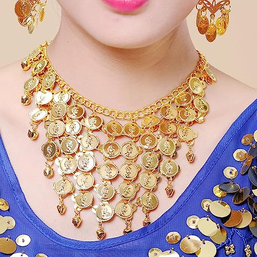 HJYZY 3 pcs Belly Dance Hip Scarf for Women Belly Dance Gold Sequins Head Chain Coins Necklace Earrings Classic Dance Accessories - Image 4