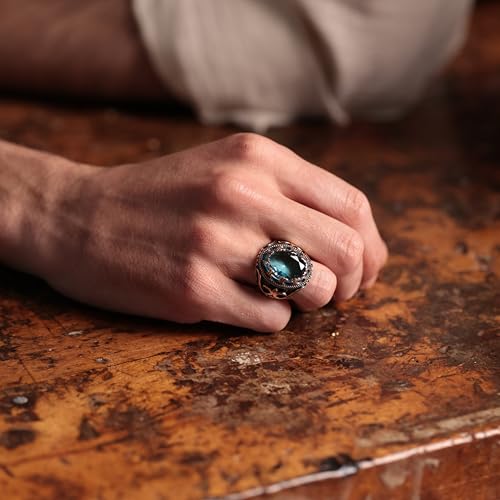 Alpha Rock Genuine Solid 925 Sterling Silver Accented with Bronze, Faceted Simulated Aquamarine Stone, Authentic Vintage Turkish Ottoman Style Ring for Men (Simulated Aquamarine, 6) - Image 3