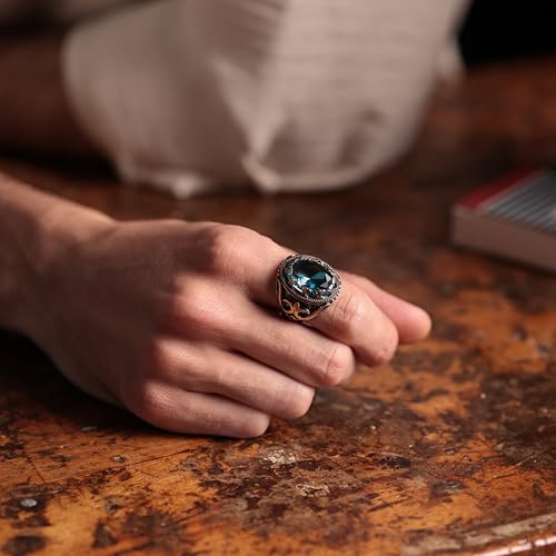 Alpha Rock Genuine Solid 925 Sterling Silver Accented with Bronze, Faceted Simulated Aquamarine Stone, Authentic Vintage Turkish Ottoman Style Ring for Men (Simulated Aquamarine, 6) - Image 2