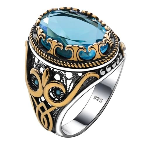 Alpha Rock Genuine Solid 925 Sterling Silver Accented with Bronze, Faceted Simulated Aquamarine Stone, Authentic Vintage Turkish Ottoman Style Ring for Men (Simulated Aquamarine, 6) - Image 5