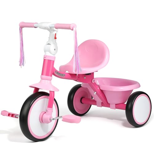 Liberry Foldable Toddler Tricycle Age 2 3 4 Years Old Kids Trike with Adjustable Seat Basket  Streamers 3 Wheel Bike Riding Toy Birthday Gift for Girls Boys Pink - Image 1