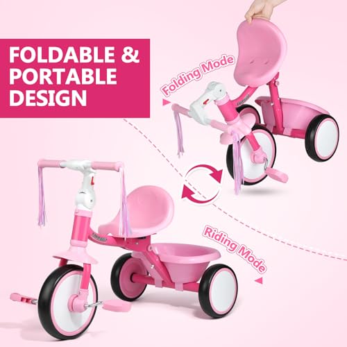 Liberry Foldable Toddler Tricycle Age 2 3 4 Years Old Kids Trike with Adjustable Seat Basket  Streamers 3 Wheel Bike Riding Toy Birthday Gift for Girls Boys Pink - Image 5