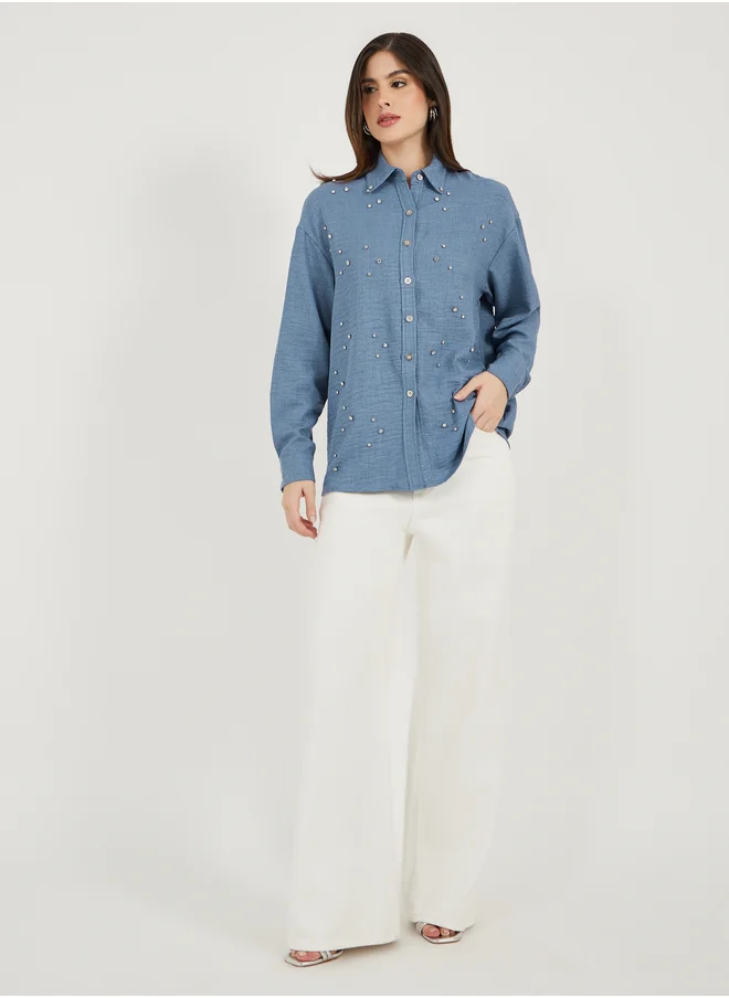 ستايلي Styli Embellished Oversized Longline Collared Denim Shirt