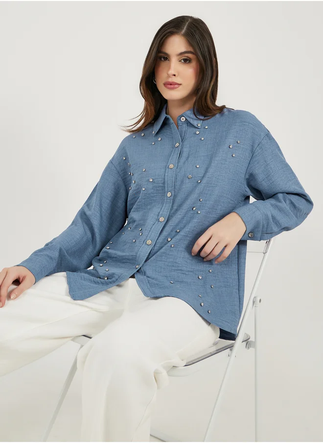 ستايلي Styli Embellished Oversized Longline Collared Denim Shirt