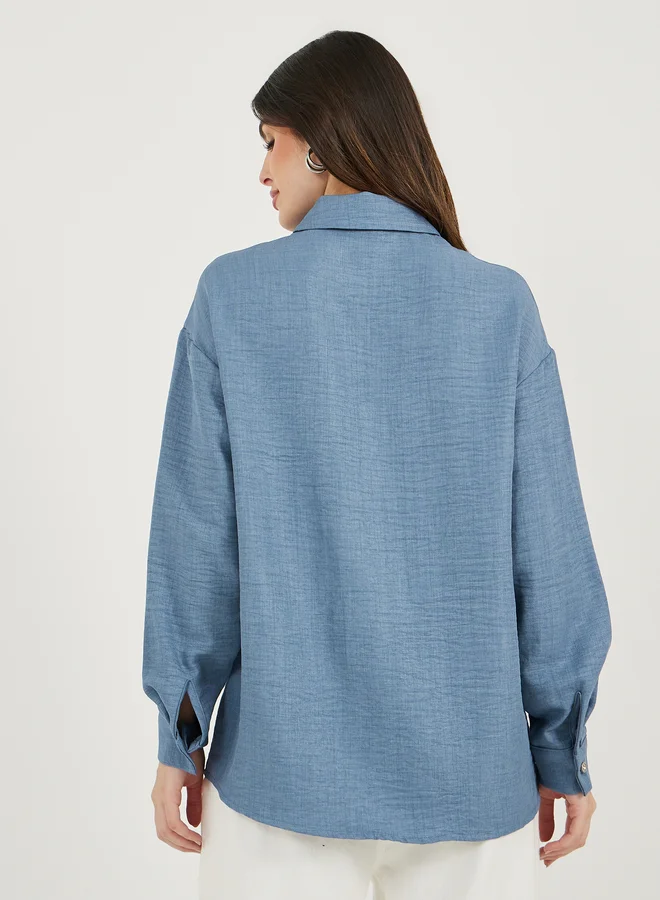 Styli Styli Embellished Oversized Longline Collared Denim Shirt