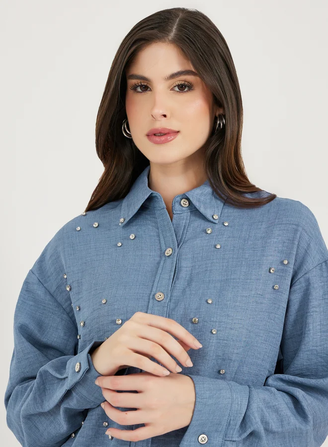 Styli Styli Embellished Oversized Longline Collared Denim Shirt