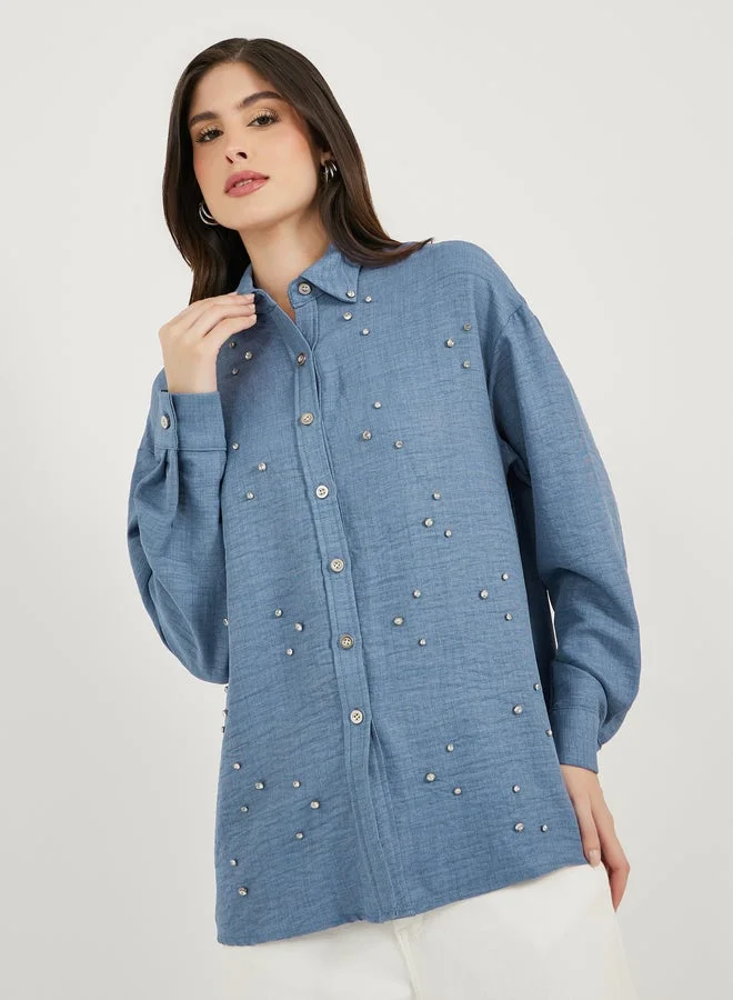 ستايلي قميص جينز طويل فضفاض بياقة مطرز بالخرز