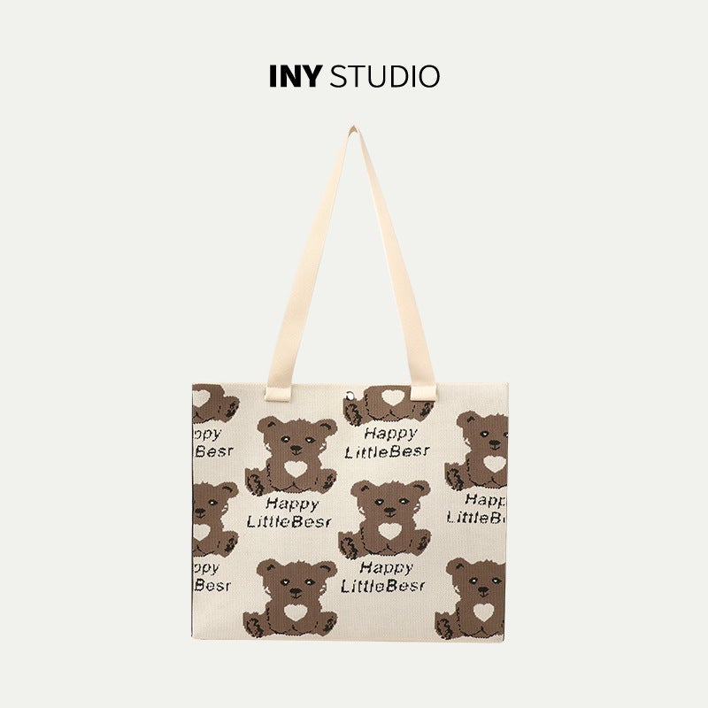 Large Square Tote Bag with Cute Bear Design, Women's Handbag - Image 4
