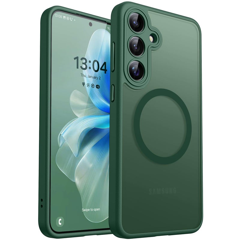 CANSHN Designed for Samsung Galaxy S24 FE Case [Full Camera Protection] [Compatible with MagSafe] Translucent Matte Shockproof Protective Phone Cover 6.7 Inch - Deep Green - Image 1