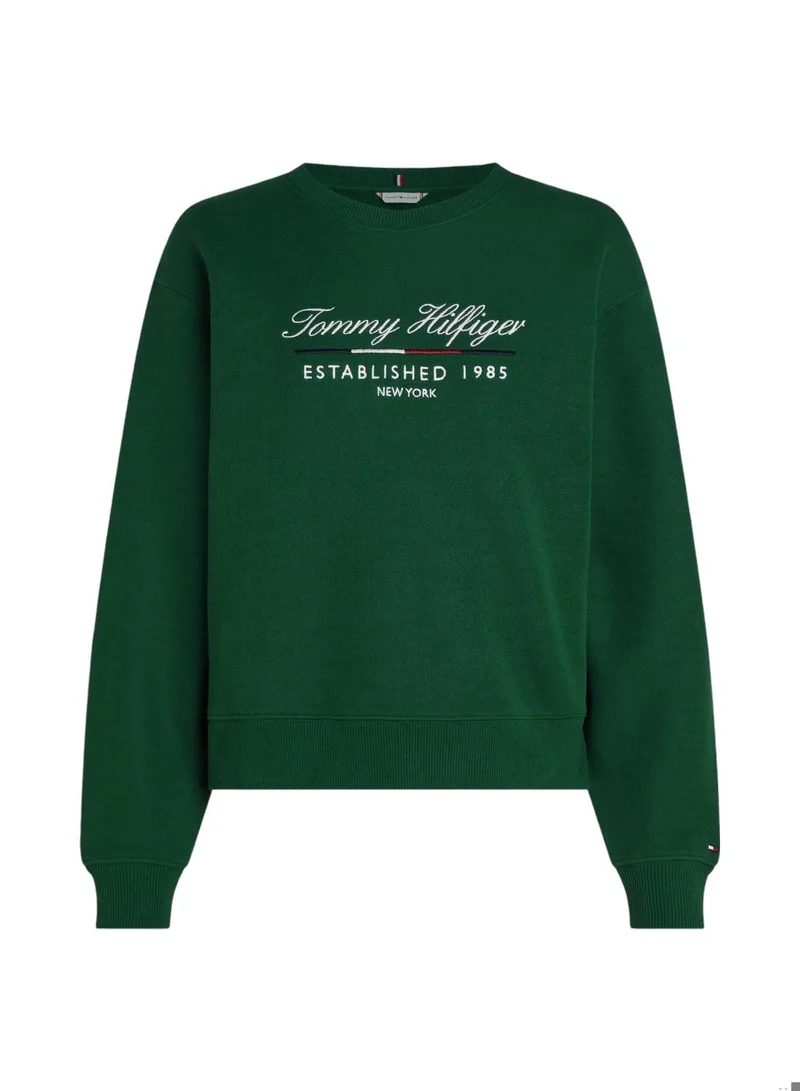 TOMMY HILFIGER Women's Logo Crew Neck Sweatshirt, Green - Cotton