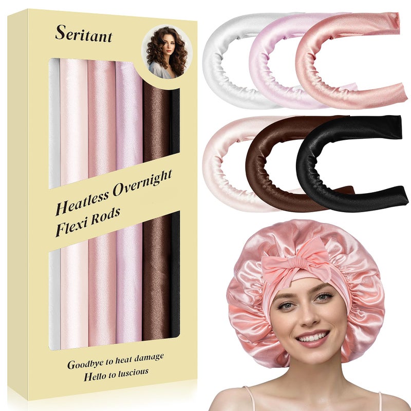 Seritant Heatless Curls Overnight Rods - 6 Pcs No-Heat Blowout Hair Curler Set, Hair Rollers for Long Hair with Bonnet for Sleeping - Image 1