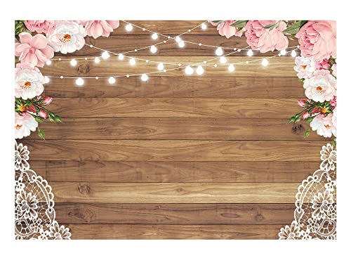Funnytree 7X5ft Flowers Wood Lace Rustic Backdrop Wedding Floral Photography Background Wooden Board Floor Bridal Shower Baby Birthday Party Bride Banner Photo Studio - Image 1