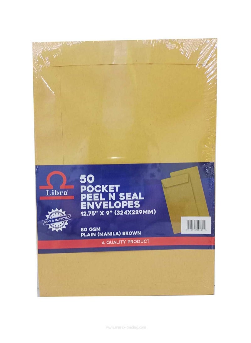 Libra A4 Brown Envelopes 12.75×9 – 80GSM (Peel & Seal 50 Pieces Box) PACK OF 2 - Image 1
