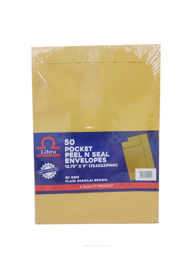 Libra A4 Brown Envelopes 12.75×9 – 80GSM (Peel & Seal 50 Pieces Box) PACK OF 2 - Image 2