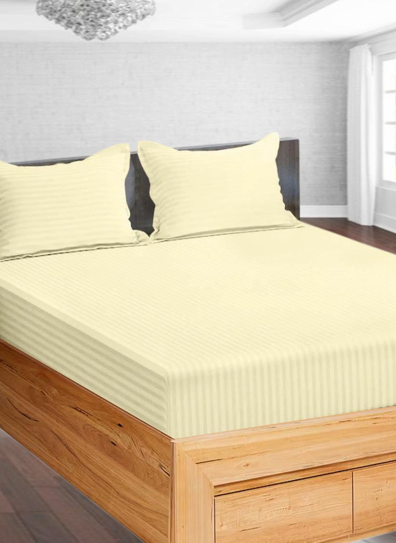 REDTOMMY LIGHT BEIGE Queen Size Stripe Bed Sheet Set Cotton 160x200+35cm - Image 1