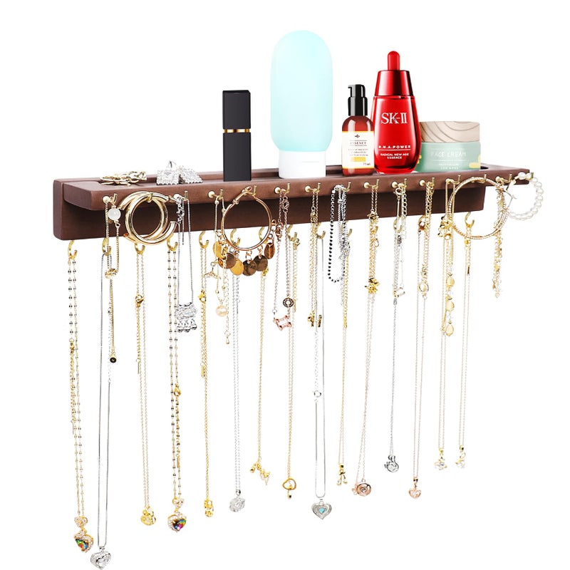 Yyilis Necklace Holder  Upgraded Extra Large Wall Necklace Organizer With 30 Hooks Wall Mounted Necklace Hanger With Jewelry Tray/Cosmetics Shelf Rustic Pine Wood Holder (Walnut) - Image 1