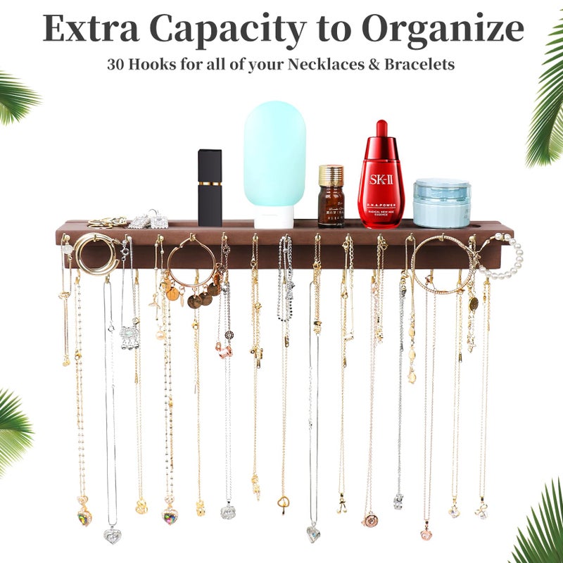 Yyilis Necklace Holder  Upgraded Extra Large Wall Necklace Organizer With 30 Hooks Wall Mounted Necklace Hanger With Jewelry Tray/Cosmetics Shelf Rustic Pine Wood Holder (Walnut) - Image 2